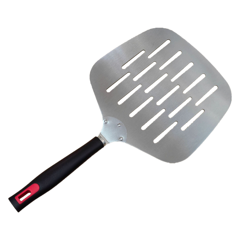 Stainless steel perforated pizza peel with fixed pp handle square shovel head pizza turning peel